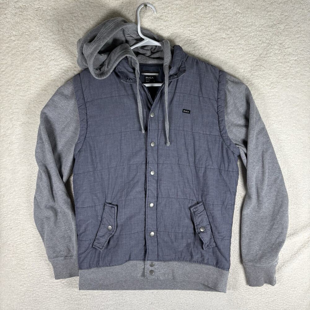 RVCA Jacket Hoodie Mens Large Blue Gray Snap Up Drawstring Long Sleeve